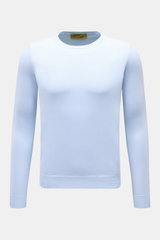 Front view of B.F. Knitwear Crew neck jumper light blue, slim fit, pure cotton with fine knit, soft feel, ribbed bands for comfort.

Description: <p>A versatile essential for spring: This crew neck jumper in pure cotton by B.F. KNITWEAR enhances any wardr