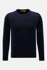 Front view of B.F. Knitwear Crew neck jumper dark navy in pure cotton, soft fine knit, slim fit with ribbed bands, ideal for spring. 

Description: <p>A versatile essential for spring: This crew neck jumper in pure cotton by B.F. KNITWEAR enhances any war
