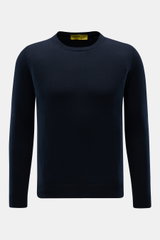 Front view of B.F. Knitwear Crew neck jumper dark navy in pure cotton, soft fine knit, slim fit with ribbed bands, ideal for spring. 

Description: <p>A versatile essential for spring: This crew neck jumper in pure cotton by B.F. KNITWEAR enhances any war