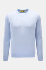 B.F. Knitwear Cashmere Rundhalspullover hellblau, Slim Fit, feines luftiges Strickbild, elastische Bündchen, Frontansicht, reiner Cashmere, soft.
