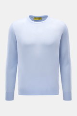 B.F. Knitwear Cashmere Rundhalspullover hellblau, Slim Fit, feines luftiges Strickbild, elastische Bündchen, Frontansicht, reiner Cashmere, soft.