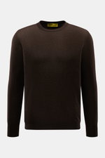 B.F. Knitwear Cashmere Rundhalspullover dunkelbraun, Slim Fit, reiner Cashmere, feines luftiges Strickbild, Rundhals, elastische Bündchen, Frontansicht.