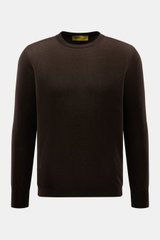 B.F. Knitwear Cashmere Rundhalspullover dunkelbraun, Slim Fit, reiner Cashmere, feines luftiges Strickbild, Rundhals, elastische Bündchen, Frontansicht.
