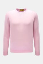 Frontale Nahaufnahme des B.F. Knitwear Cashmere Rundhalspullover rosé, leichter Sommerpullover aus reinem Cashmere mit Slim Fit, Rundhalsausschnitt und elastischen Rippstrick-Bündchen.