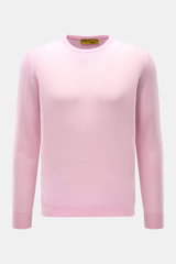 Frontale Nahaufnahme des B.F. Knitwear Cashmere Rundhalspullover rosé, leichter Sommerpullover aus reinem Cashmere mit Slim Fit, Rundhalsausschnitt und elastischen Rippstrick-Bündchen.