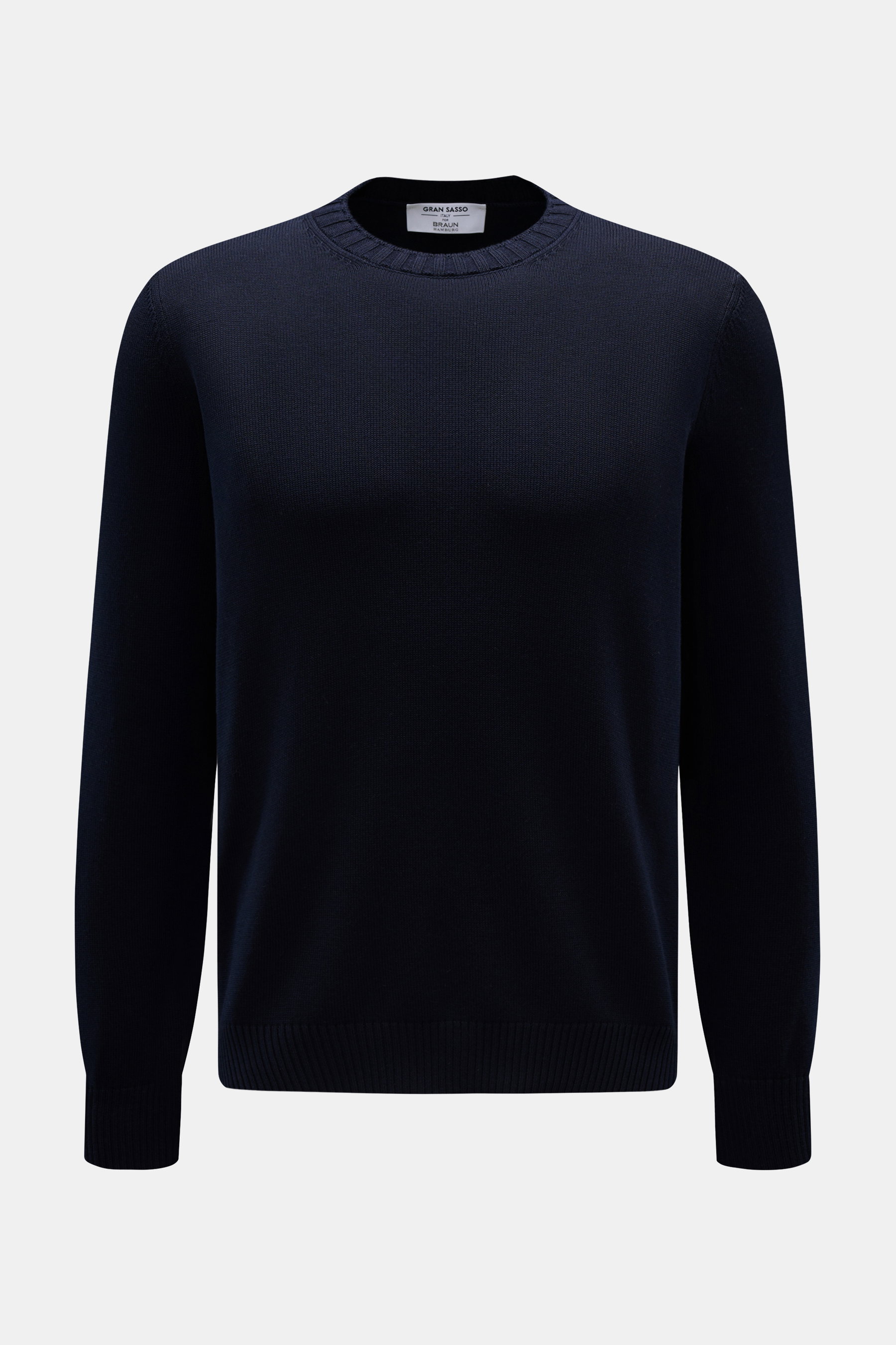 Gran Sasso Rundhalspullover navy, Slim Fit, reine Baumwolle, weicher Griff, feines Strickbild, Rundhalsausschnitt, Rippbündchen, Frontansicht.