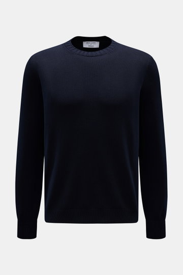 Gran Sasso Rundhalspullover navy, Slim Fit, reine Baumwolle, weicher Griff, feines Strickbild, Rundhalsausschnitt, Rippbündchen, Frontansicht.