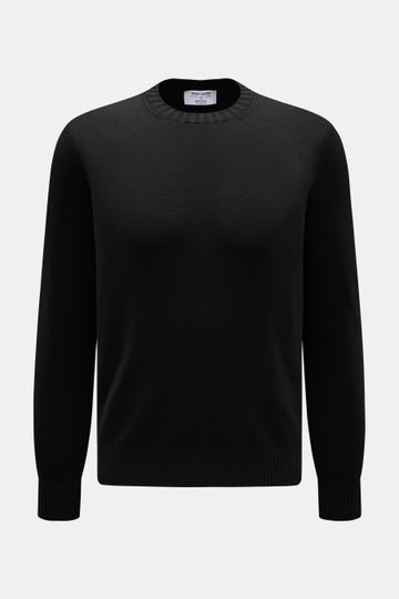 Gran Sasso Rundhalspullover schwarz, Slim Fit, reine Baumwolle, feines Strickbild, Rundhalsausschnitt, Rippbündchen, Frontalansicht.