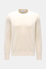 Front view of Gran Sasso Crew neck jumper cream, elegant Italian cotton knitwear with slim fit, soft feel, fine knit, crew neck, and ribbed bands. Elegant cotton knitwear from Italy: This jumper from GRAN SASSO will be a great addition to your spring ward