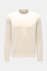 Front view of Gran Sasso Crew neck jumper cream, elegant Italian cotton knitwear with slim fit, soft feel, fine knit, crew neck, and ribbed bands. Elegant cotton knitwear from Italy: This jumper from GRAN SASSO will be a great addition to your spring ward