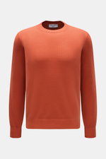 Gran Sasso Crew neck jumper orange shown from the front on a white background. This elegant Italian cotton jumper by GRAN SASSO enhances your spring wardrobe with a classic fit and a timelessly immaculate appearance. It is versatile enough for a variety o