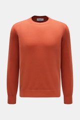 Gran Sasso Crew neck jumper orange shown from the front on a white background. This elegant Italian cotton jumper by GRAN SASSO enhances your spring wardrobe with a classic fit and a timelessly immaculate appearance. It is versatile enough for a variety o