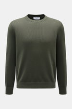 Gran Sasso Rundhalspullover dunkelgrün aus reiner Baumwolle, Slim Fit, mittelfeines Strickbild, Rundhals, Rippbündchen, frontal fotografiert.