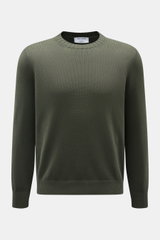 Gran Sasso Rundhalspullover dunkelgrün aus reiner Baumwolle, Slim Fit, mittelfeines Strickbild, Rundhals, Rippbündchen, frontal fotografiert.
