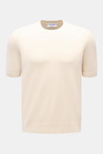Front view of Gran Sasso Kurzarmpullover creme, a slim fit short sleeve pullover in soft pure cotton with fine knit, round neckline, and comfortable ribbed cuffs.