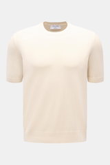 Front view of Gran Sasso Kurzarmpullover creme, a slim fit short sleeve pullover in soft pure cotton with fine knit, round neckline, and comfortable ribbed cuffs.