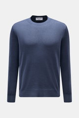 Gran Sasso Rundhalspullover graublau meliert, Slim Fit, reine Wolle, feines Strickbild, Rundhalsausschnitt, Rippbündchen, Frontansicht.