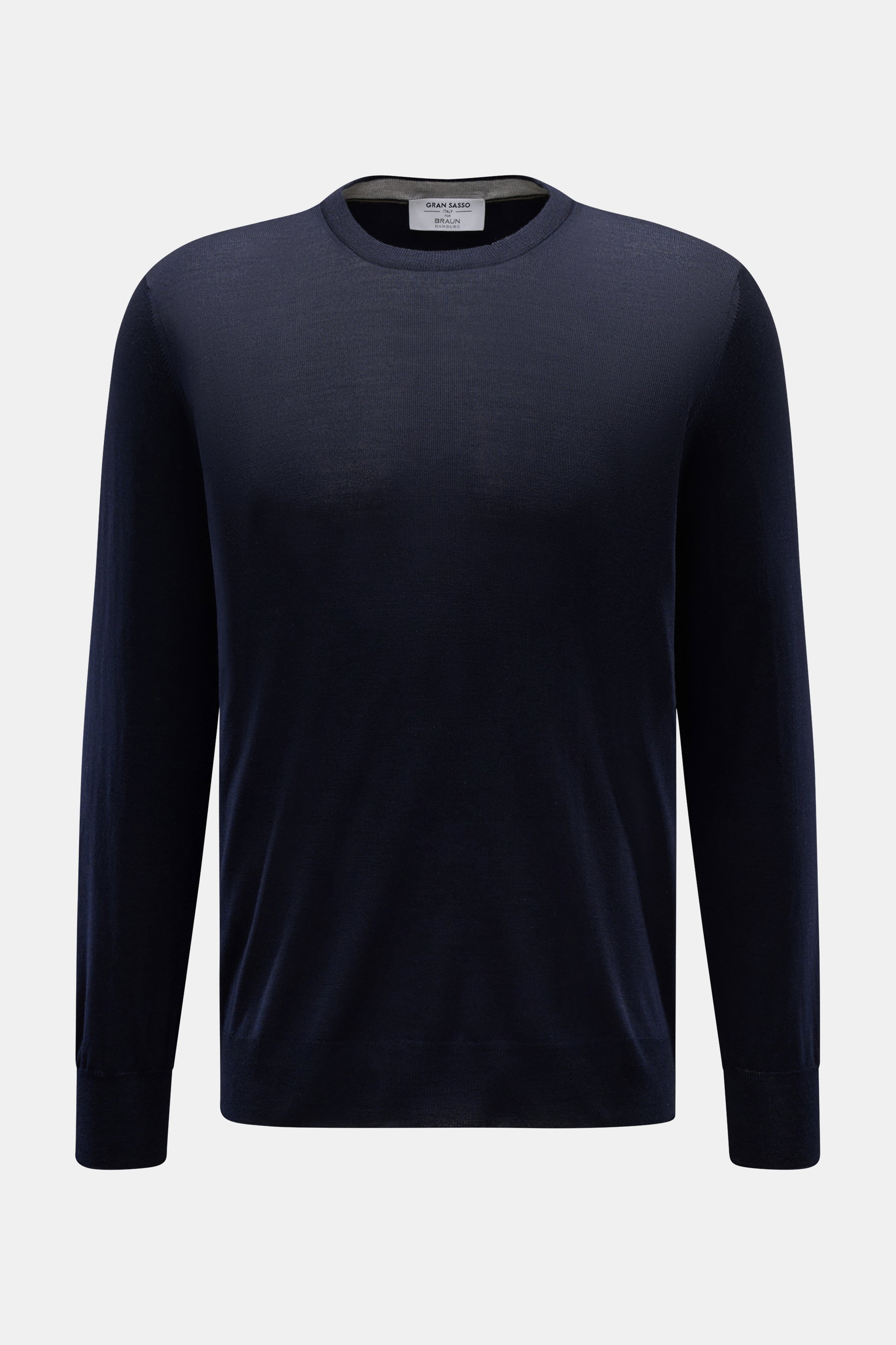 Gran Sasso Rundhalspullover navy, Slim Fit, ultraleicht, reine Wolle, weicher Griff, feines Strickbild, Rundhalsausschnitt, Rippbündchen, Frontansicht.