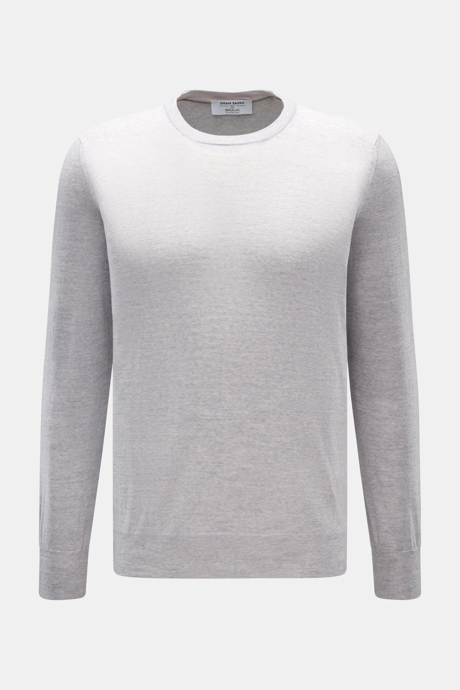 Gran Sasso Rundhalspullover hellgrau meliert, Slim Fit mit Rundhalsausschnitt, feinem Strickbild, weichem Griff, reiner Wolle, ultraleicht, frontal fotografiert.