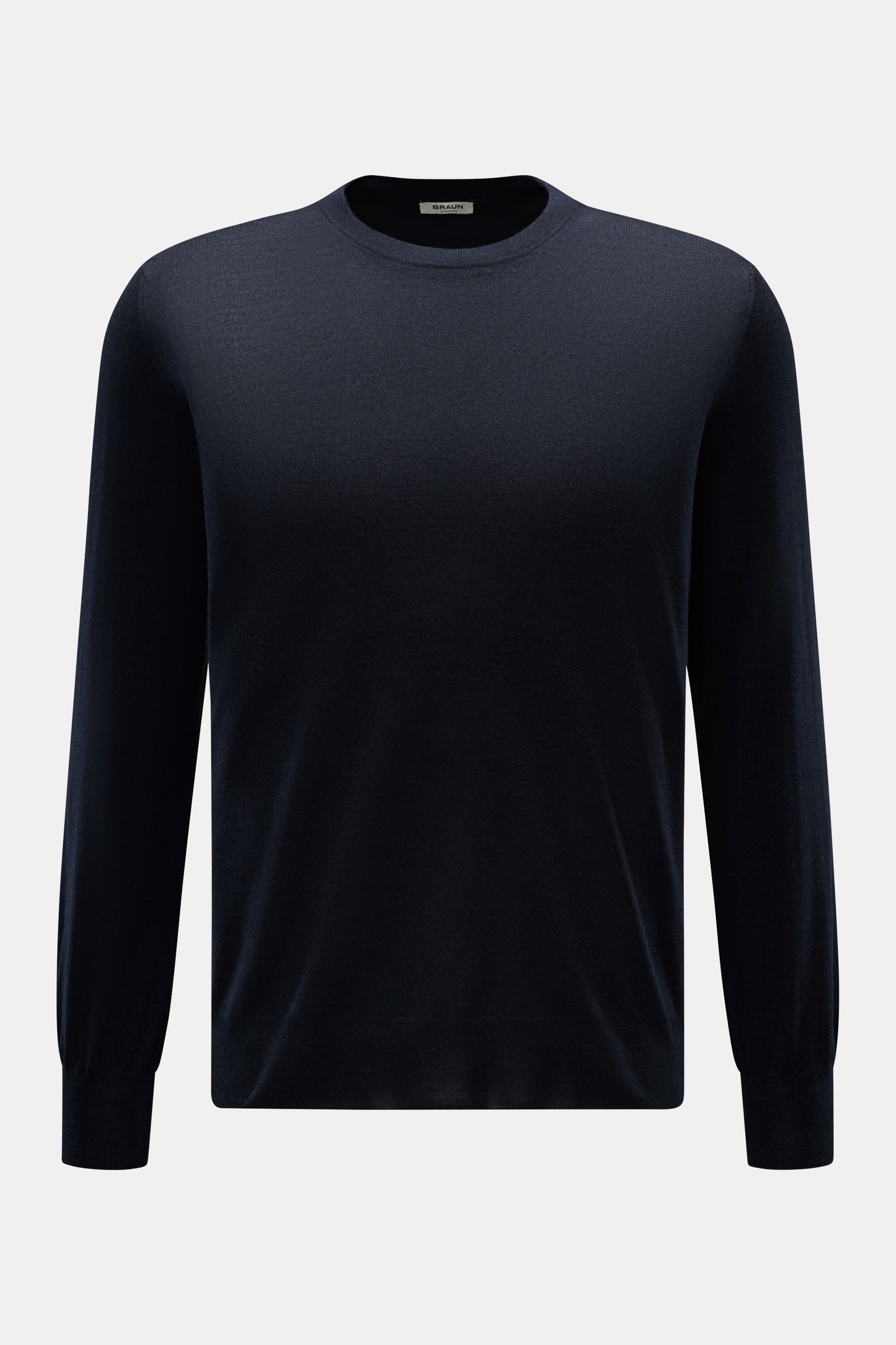 Gran Sasso Rundhalspullover navy, Frontansicht, feiner Strick, Rundhals, Regular Fit, weiche Mischung aus Wolle, Cashmere und Seide, flexible Rippbündchen.