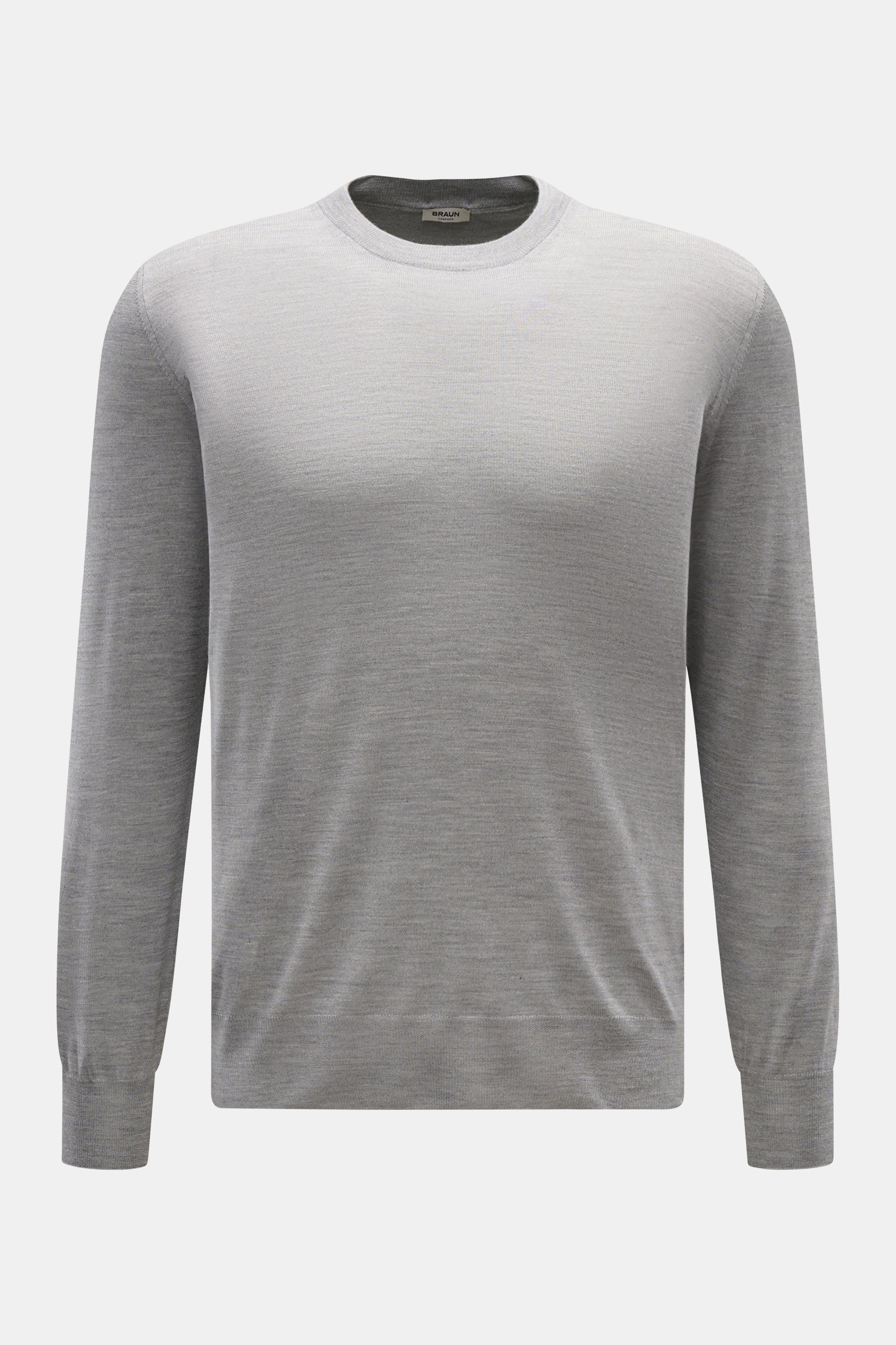 Gran Sasso Rundhalspullover grau meliert, frontal fotografiert, feiner Strick, Rundhalsausschnitt, Regular Fit, weiche Wolle, Cashmere, Seide, flexible Rippbündchen.