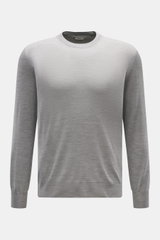 Gran Sasso Rundhalspullover grau meliert, frontal fotografiert, feiner Strick, Rundhalsausschnitt, Regular Fit, weiche Wolle, Cashmere, Seide, flexible Rippbündchen.