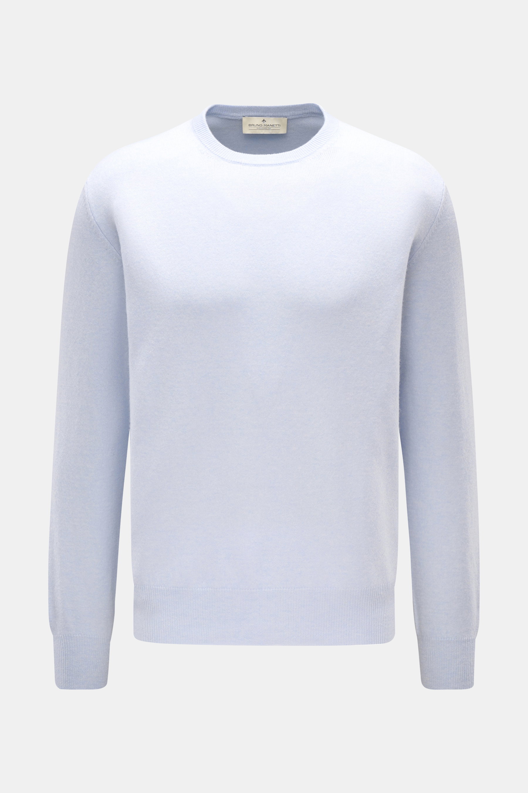 Bruno Manetti Cashmere Rundhalspullover hellblau, Frontansicht, aus weichem reinem Cashmere mit feinem Strickbild, Regular Fit, Rundhalsausschnitt, Rippbündchen.