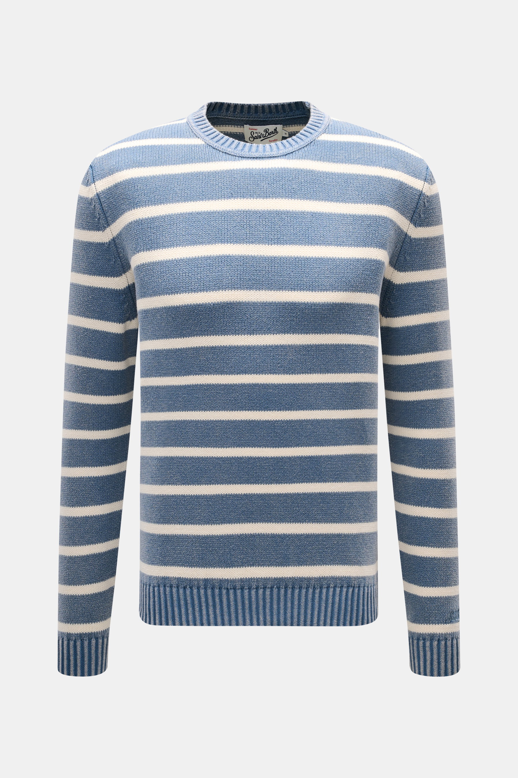 MC2 Saint Barth Rundhalspullover 'Sydney Cotton' rauchblau/creme gestreift, Frontansicht, reine Baumwolle, weicher Griff, klassisches Streifenmuster, Slim Fit, Rippbündchen.