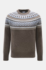 Front view of von Braun Cashmere crew neck jumper brown/smoky blue/cream patterned with classic Norwegian pattern, crew neck, and raglan sleeves.

<p>Nordic tradition meets luxurious sophistication: With its classic Norwegian pattern and fine cashmere fro