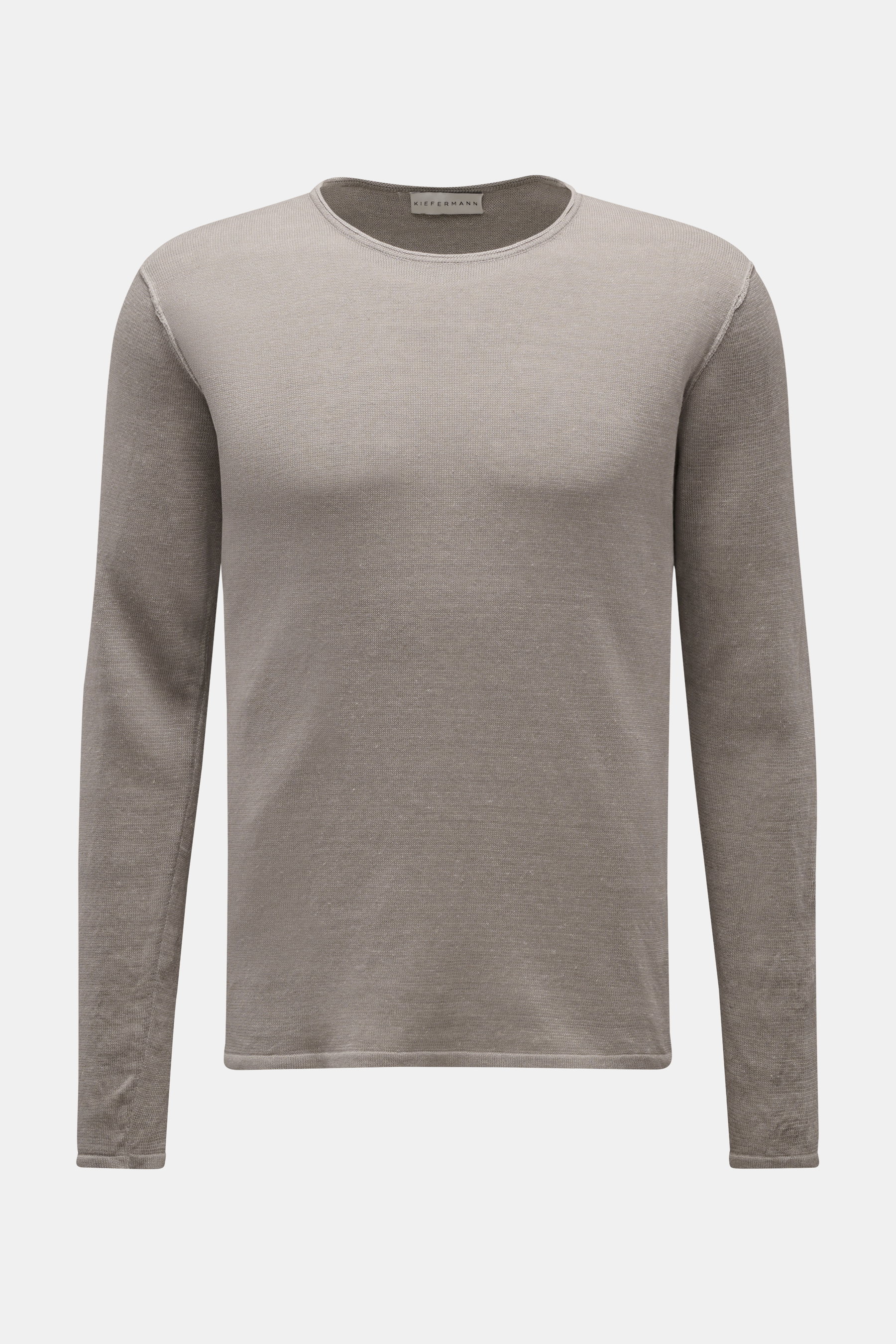 Kiefermann Rundhalspullover 'Jenario' grau meliert, frontale Ansicht, reines Leinen, leichter Griff, feines Strickbild, Regular Fit, Rundhalsausschnitt, luftige Textur ideal für Sommer und Übergang.