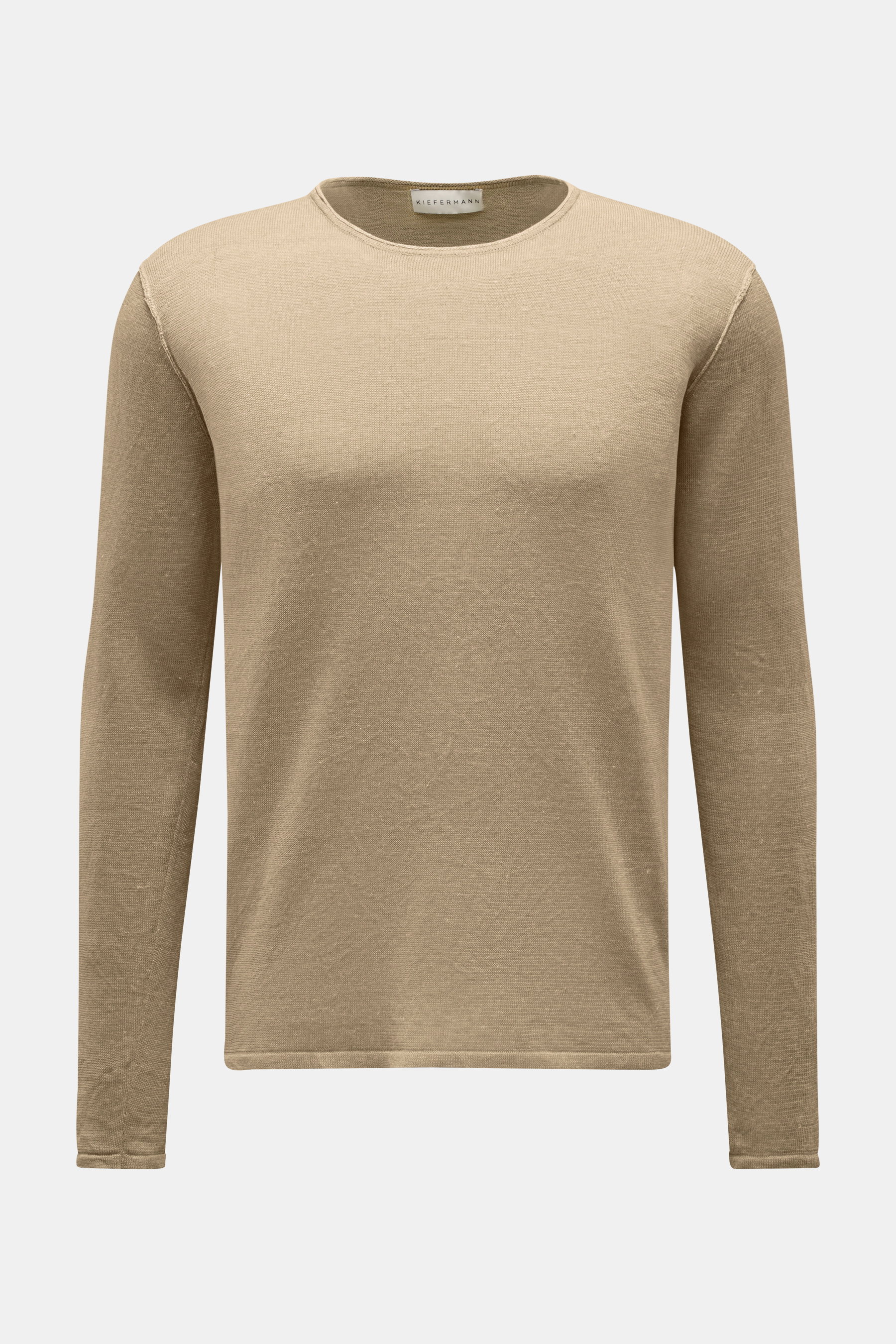 Kiefermann Rundhalspullover 'Jenario' sand meliert, Frontansicht, reines Leinen, Regular Fit, Rundhalsausschnitt, luftige Struktur, feines Strickbild.