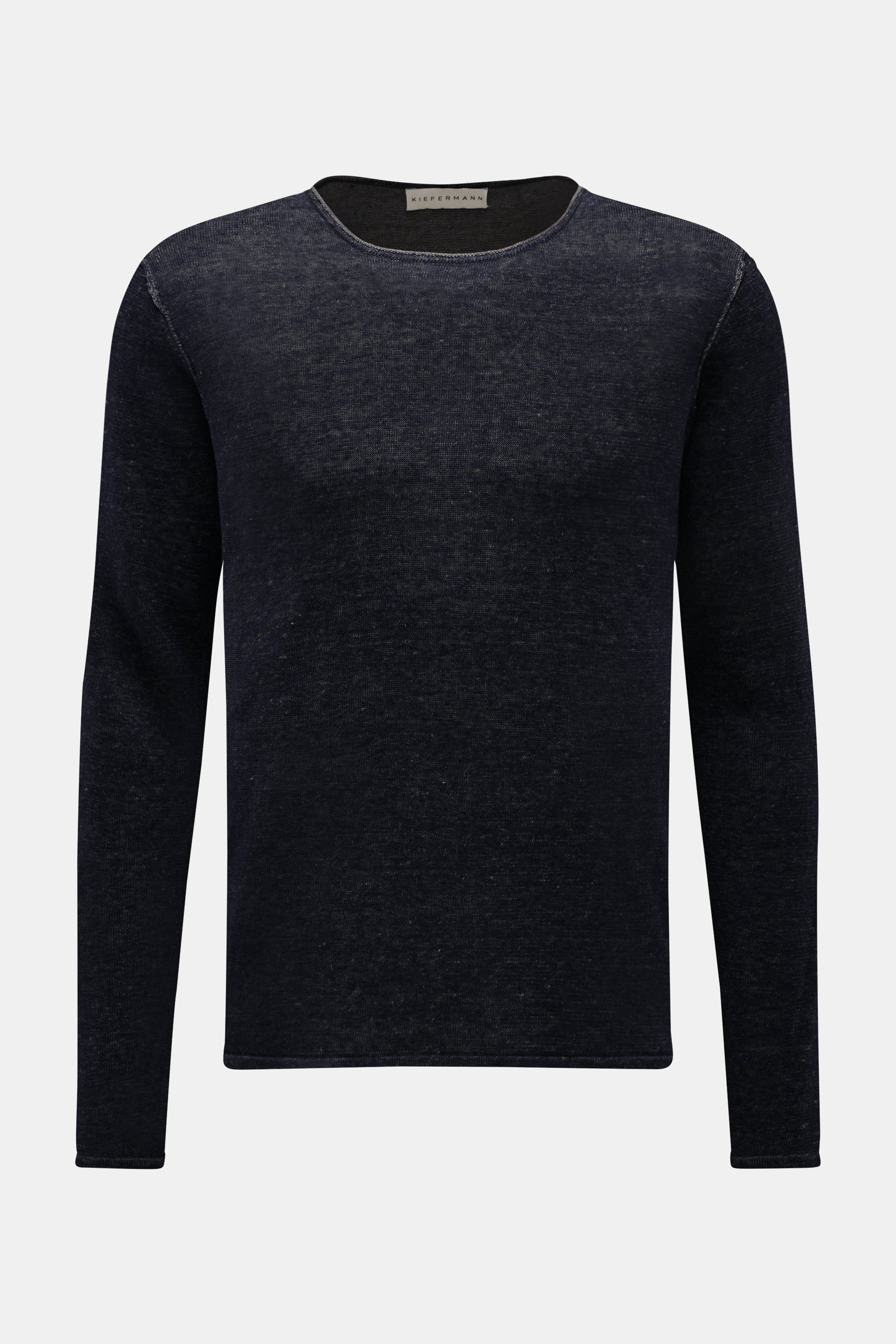Kiefermann Rundhalspullover 'Jenario' navy meliert, frontale Ansicht, reines Leinen, leicht strukturierter Griff, feines Strickbild, Regular Fit, Rundhalsausschnitt, luftige Textur ideal für Sommer und Layering.