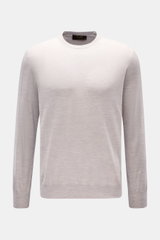 Front view of Moorer Rundhalspullover 'Orvieto' grau meliert, a slim fit grey melange crewneck sweater in fine pure new wool with soft touch, very fine knit, and comfortable ribbed cuffs. 

Description: 
<p>Puristische Raffinesse: In feinem Schurwollstric