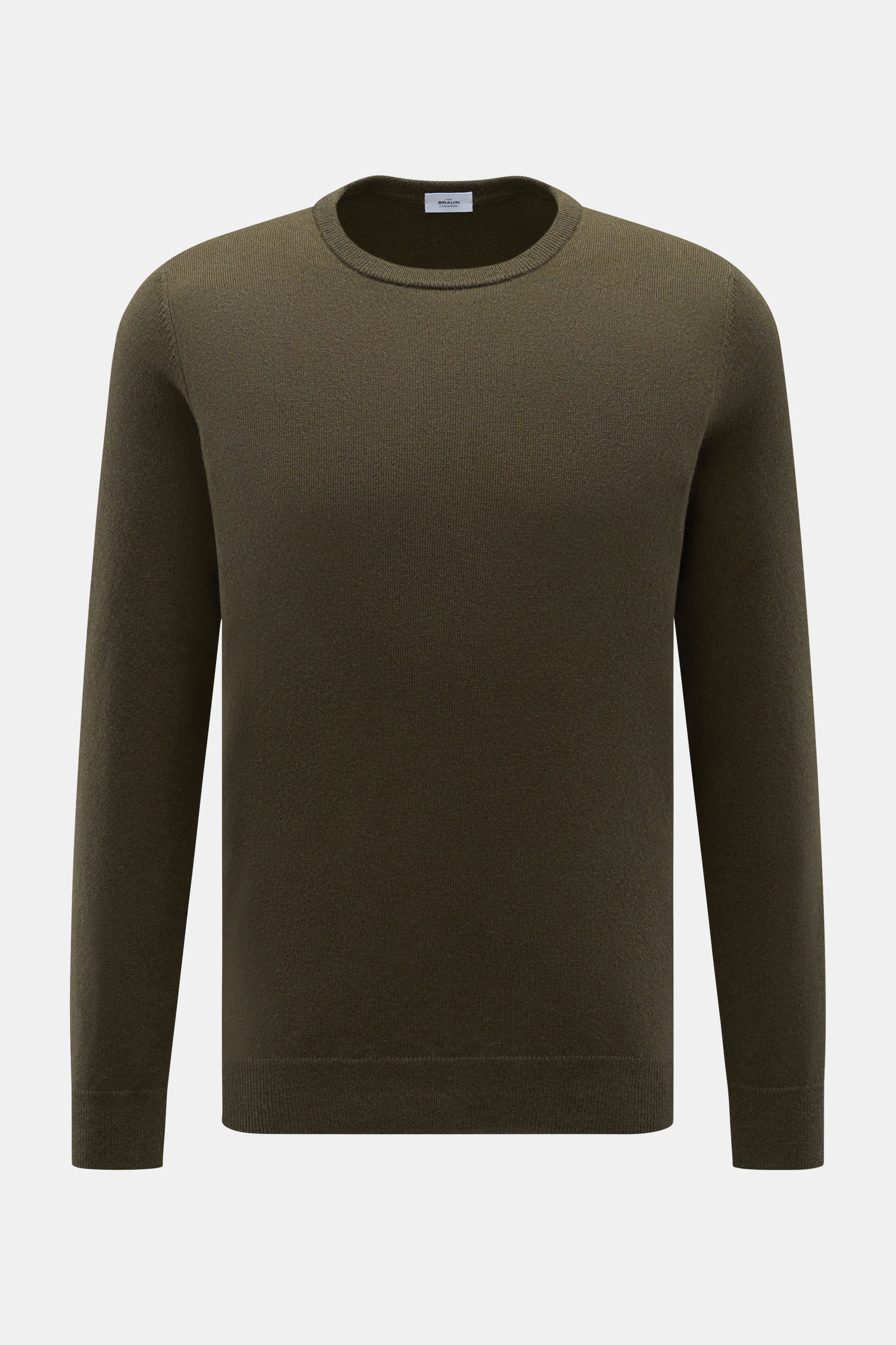 Front view of von Braun Cashmere crew neck jumper dark olive, a slim fit fine knit jumper made of pure Mongolian cashmere with a soft feel, crew neck, and flexible ribbed bands. 

<p>A versatile essential for the colder months: This VON BRAUN fine knit 