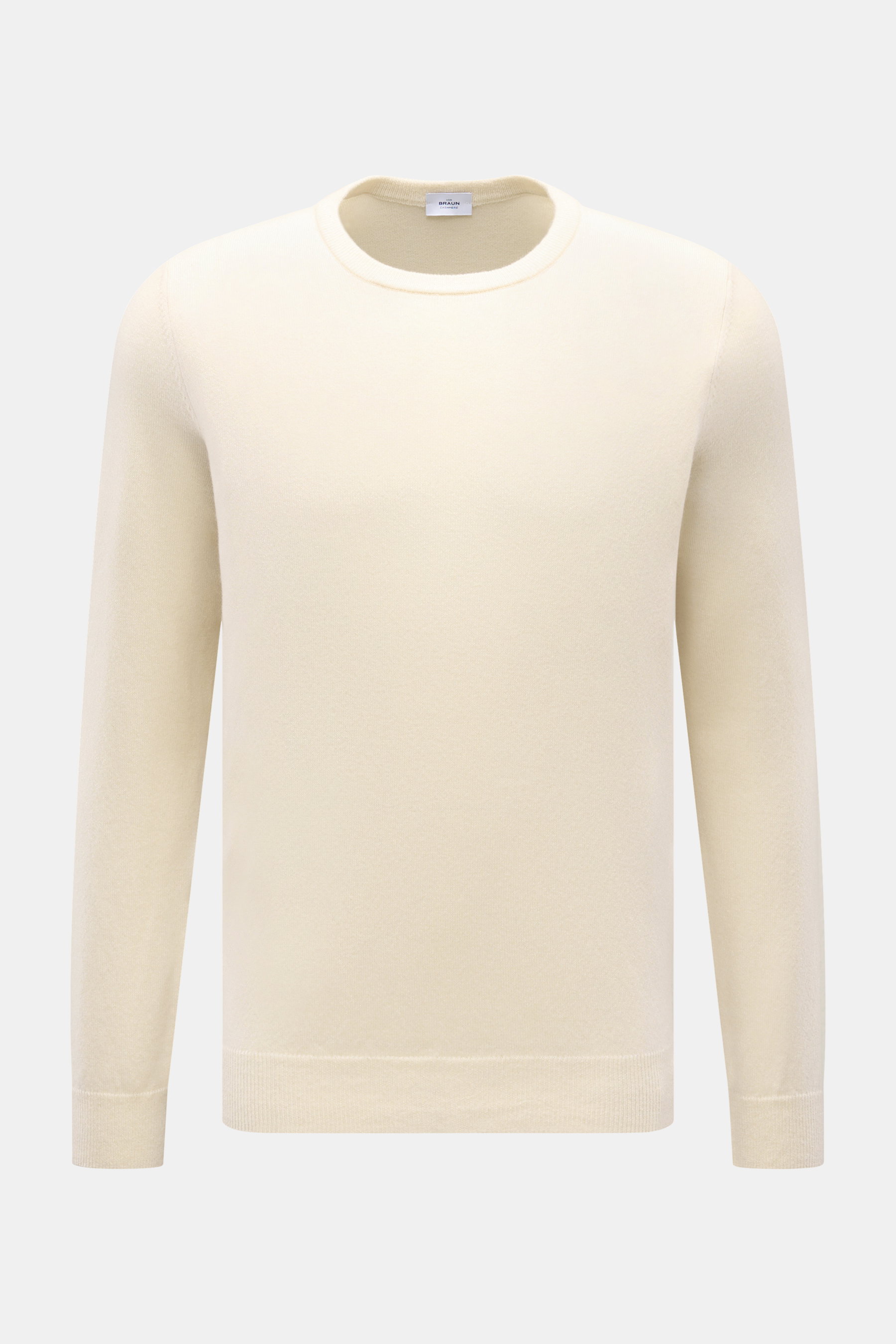 Front view of von Braun Cashmere crew neck jumper cream in fine knit, slim fit with flexible ribbed bands, made of pure Mongolian cashmere.

Description: 
<p>A versatile essential for the colder months: This VON BRAUN fine knit jumper – made of luxurio