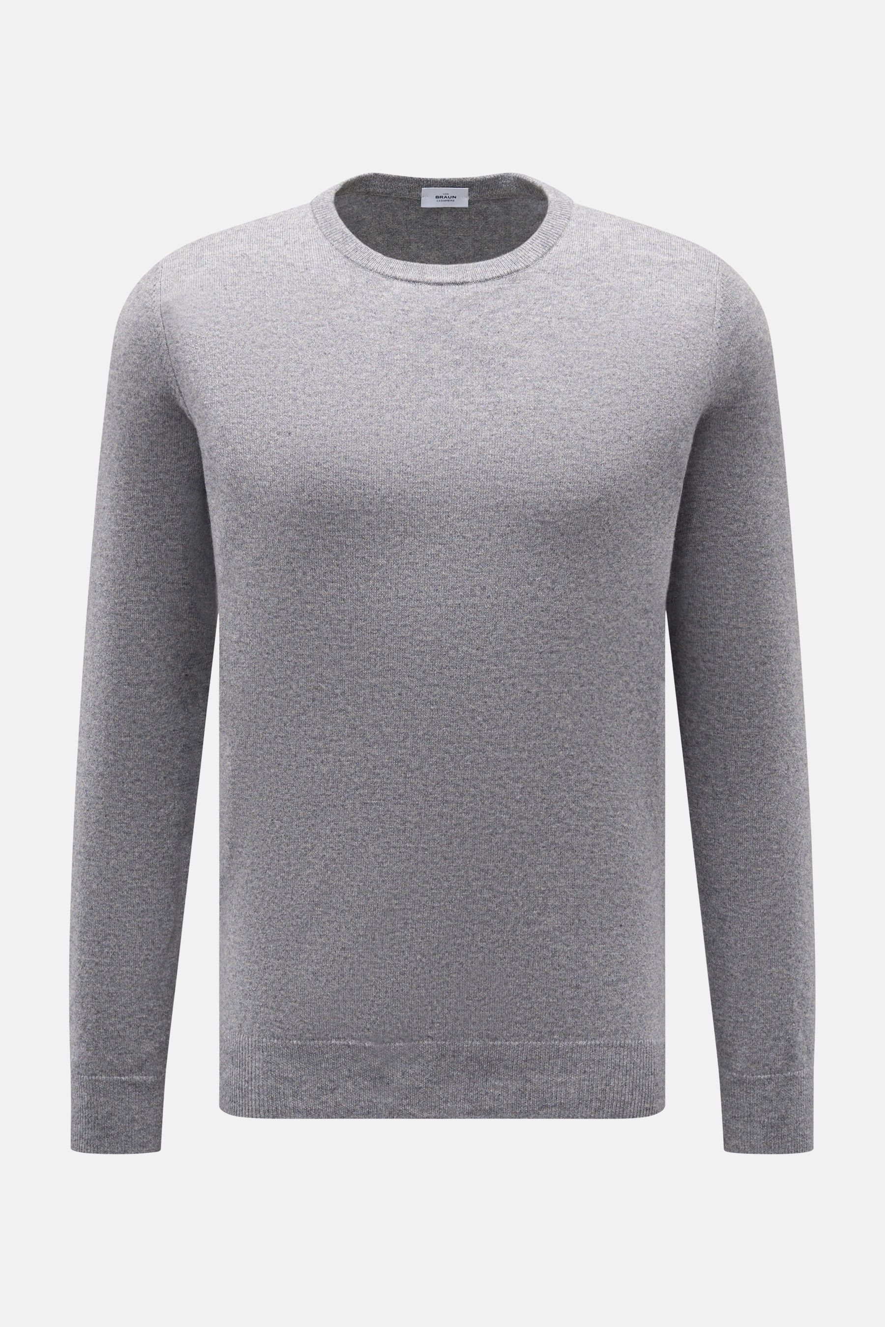 Front view of the von Braun Cashmere Rundhalspullover grau meliert, a slim fit grey melange crewneck sweater made of pure Mongolian cashmere with a soft touch, fine knit texture, and flexible ribbed cuffs; a versatile essential for winter style.