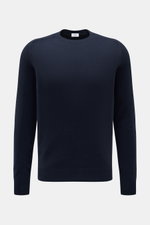von Braun Cashmere crew neck jumper navy shown from front, slim fit with elasticated ribbed bands, medium-fine knit, soft feel, pure Mongolian cashmere.