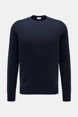 von Braun Cashmere crew neck jumper navy shown from front, slim fit with elasticated ribbed bands, medium-fine knit, soft feel, pure Mongolian cashmere.