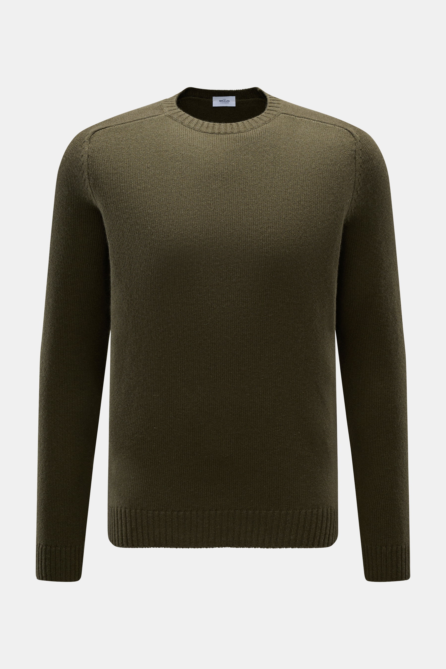 von Braun Cashmere Rundhalspullover oliv, Slim Fit, mittelfeines Strickbild, Rundhalsausschnitt, elastische Rippbündchen, frontal fotografiert