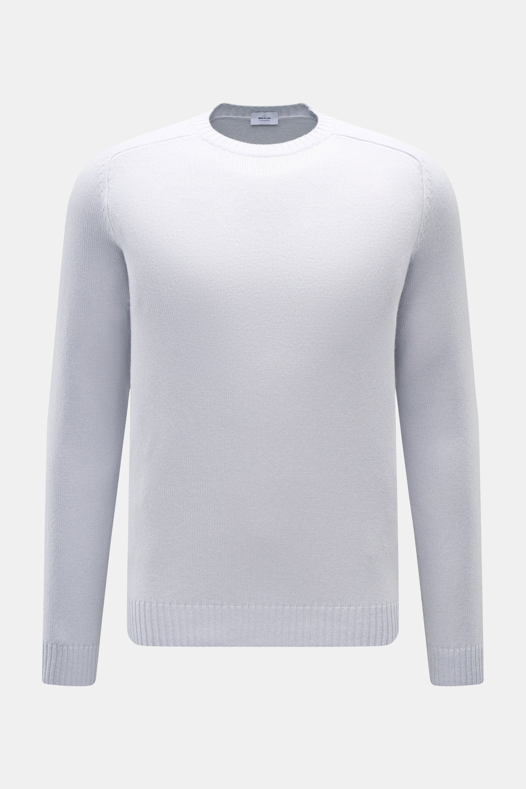 von Braun Cashmere Rundhalspullover hellblau, frontal fotografiert, Slim Fit, reiner Cashmere, softer Griff, mittelfeines Strickbild, Rundhalsausschnitt, elastische Rippbündchen
