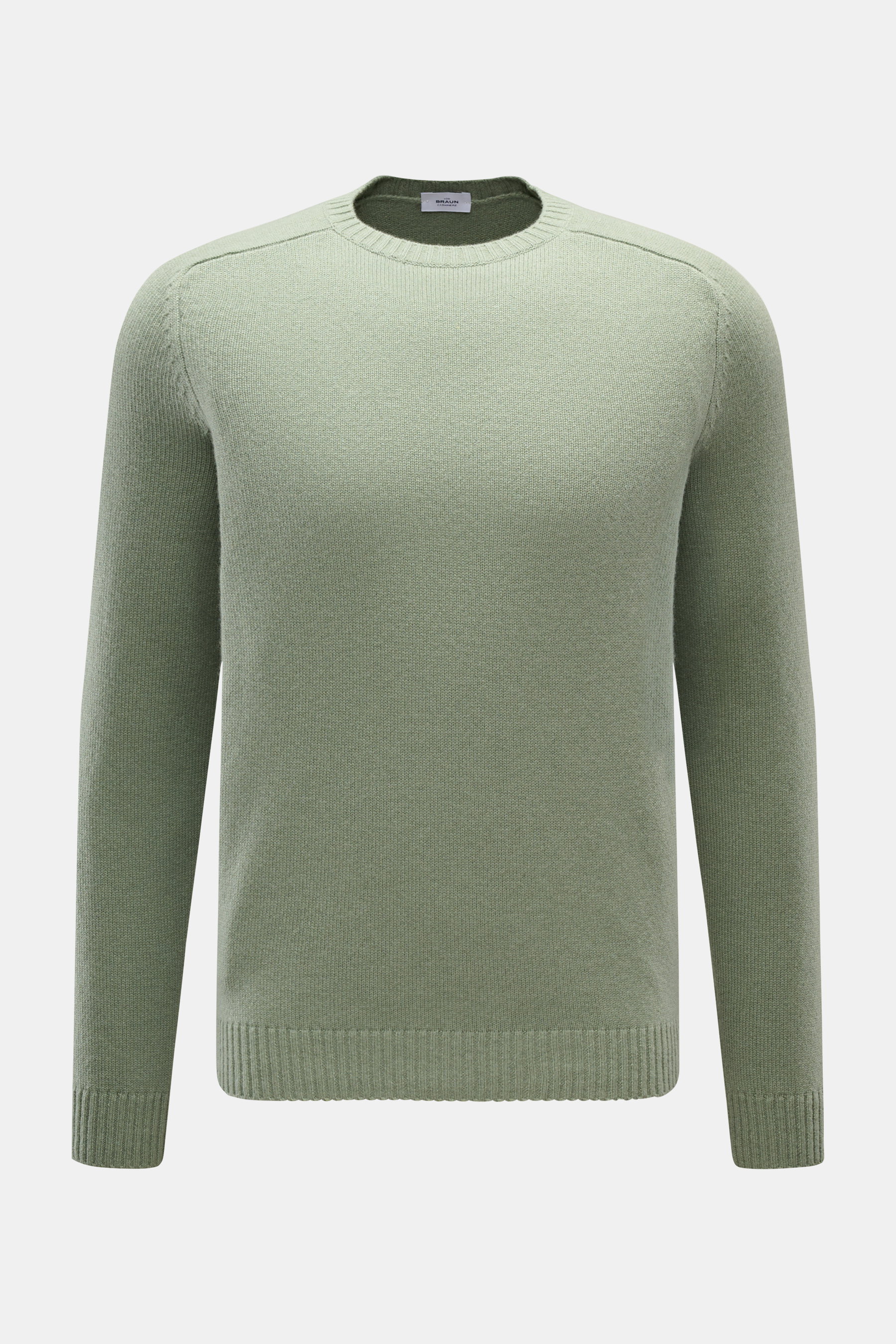 von Braun Cashmere Rundhalspullover salbei, frontal fotografiert, Slim Fit mit Rundhalsausschnitt, reiner Cashmere, weicher Griff, mittelfeines Strickbild, elastische Rippbündchen