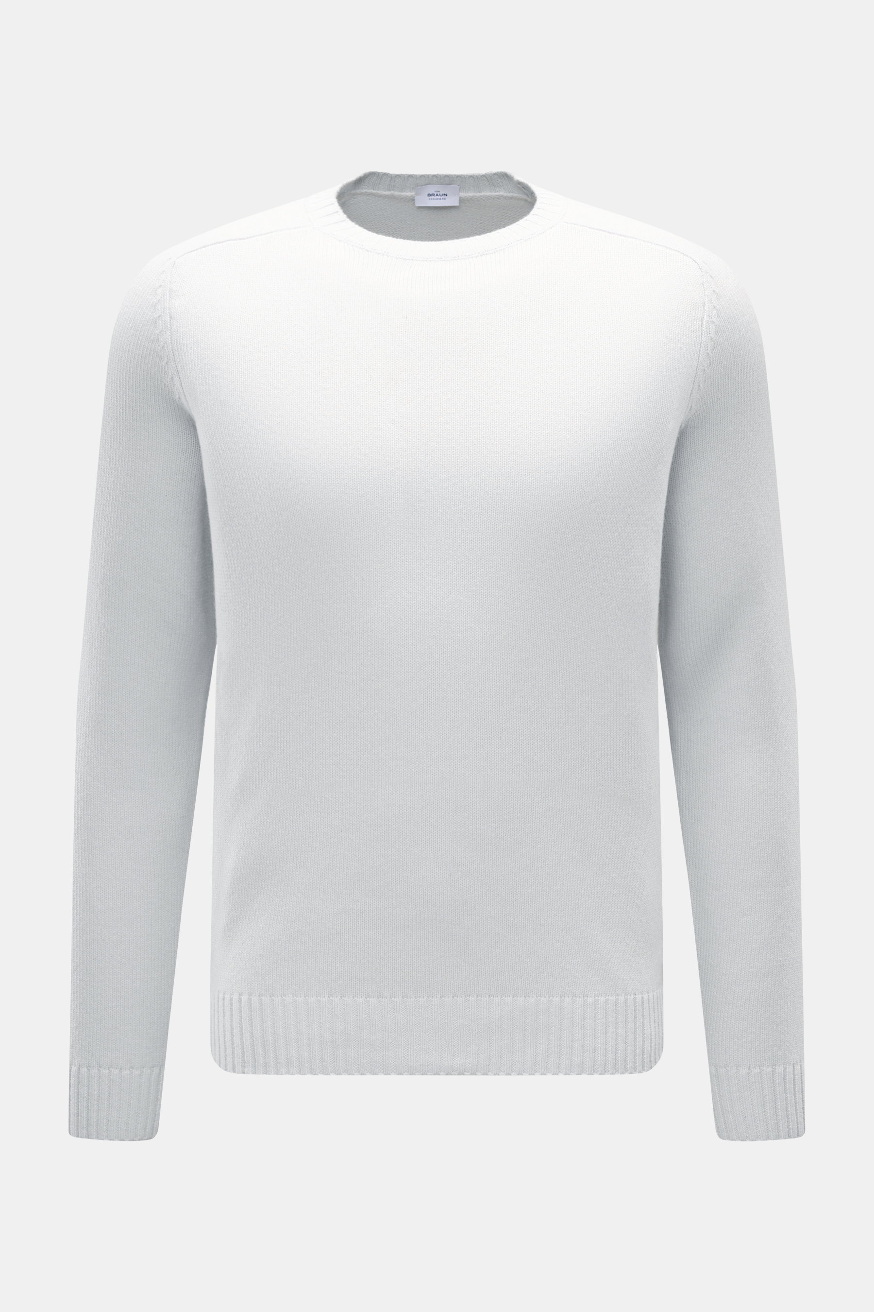 Von vorne fotografierter von Braun Cashmere Rundhalspullover hellgrau, fein gestrickt, Slim Fit, Rundhalsausschnitt, elastische Rippbündchen, weicher Griff, reiner Cashmere.
