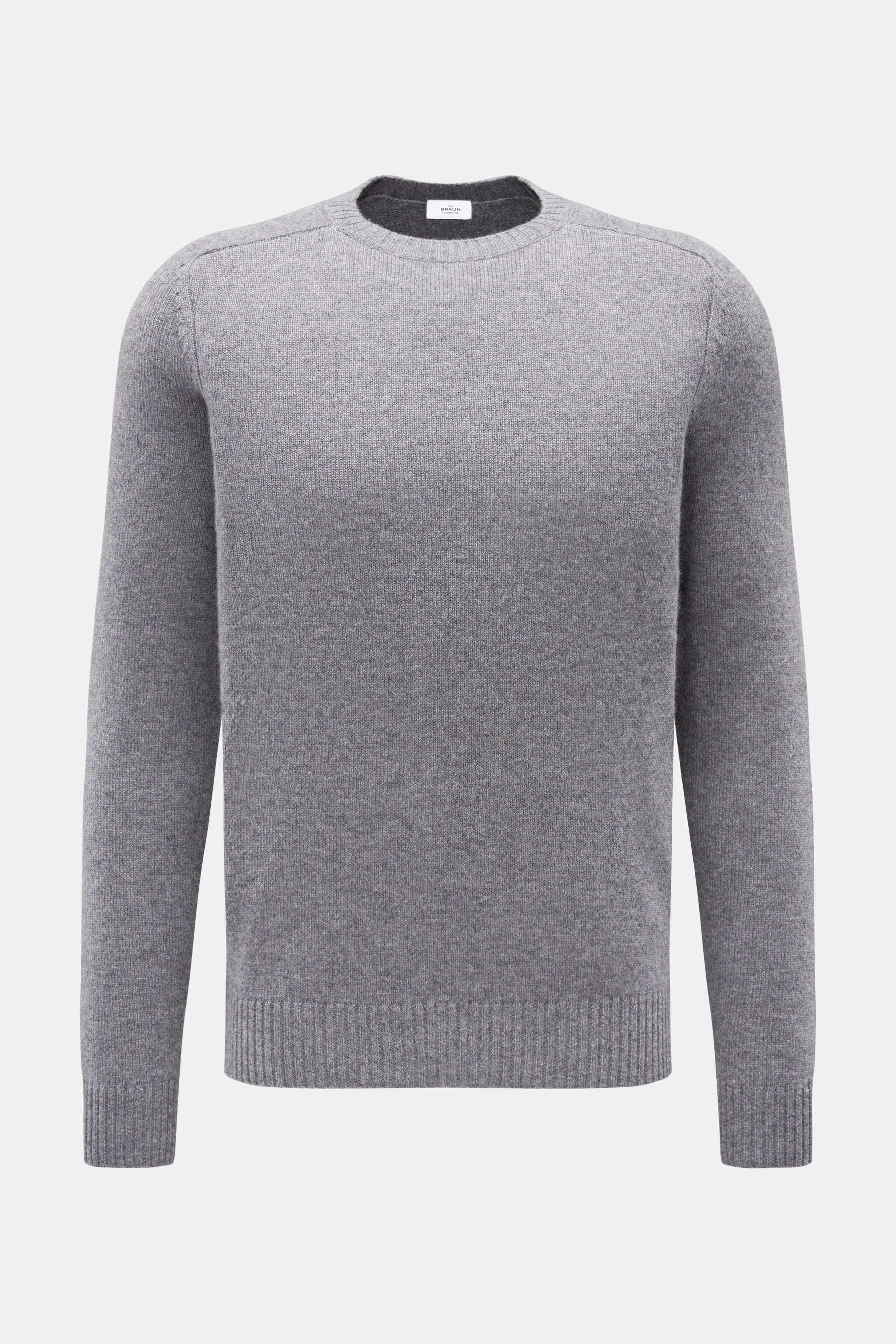 von Braun Cashmere Rundhalspullover grau meliert, slim fit, fein gestrickt aus reinem Cashmere, Rundhalsausschnitt, elastische Rippbündchen, frontal fotografiert