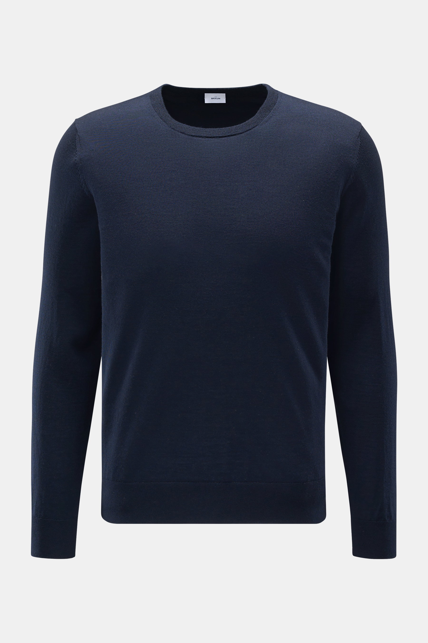 von Braun Merino Rundhalspullover navy, Slim Fit, aus reiner Merinowolle mit weichem Griff, feinem Strickbild, Rundhalsausschnitt, elastischen Rippbündchen, frontal fotografiert.