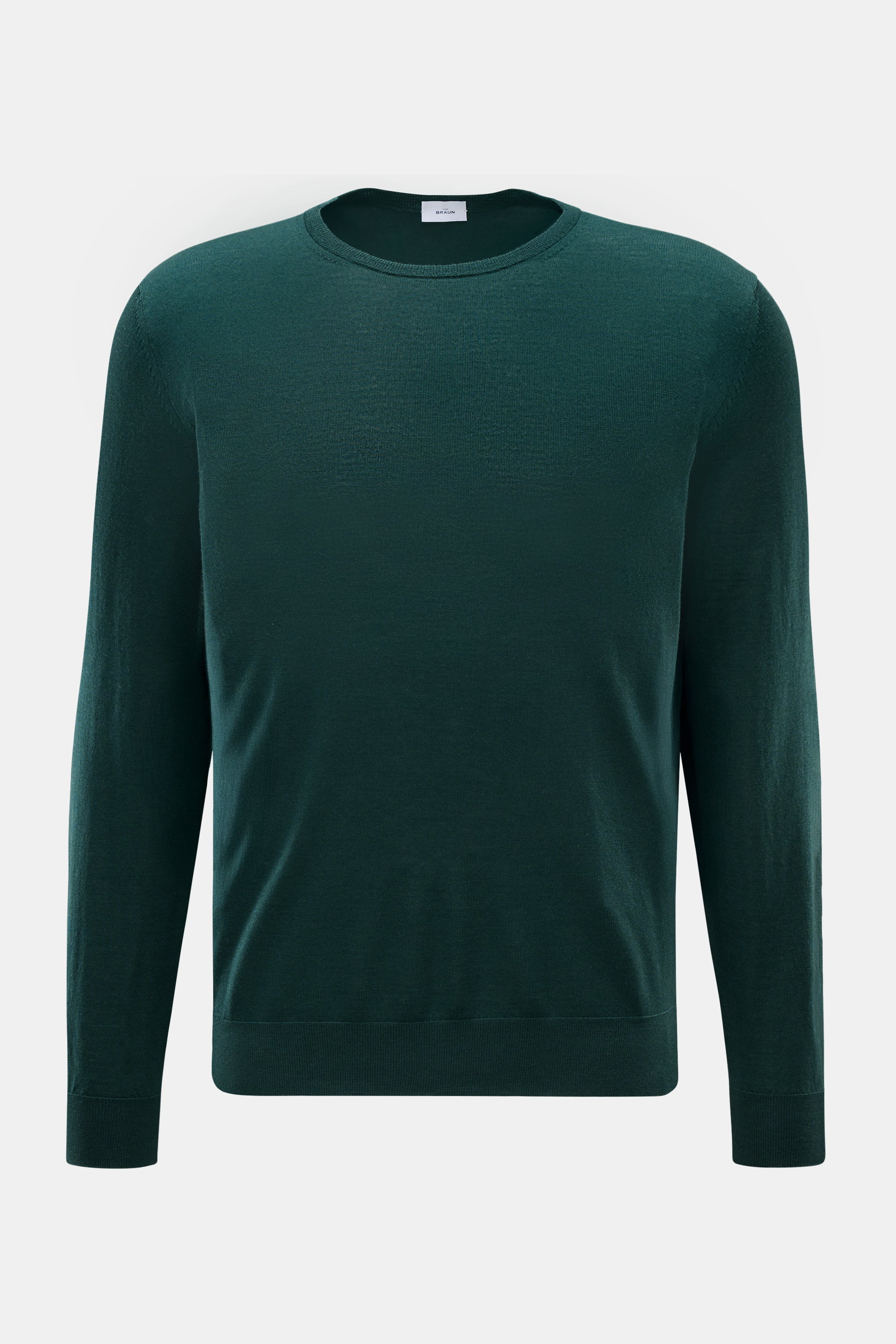 von Braun Merino Rundhalspullover dunkelgrün, slim fit, aus reiner Merinowolle mit weichem Griff, feinem Strickbild, Rundhalsausschnitt und elastischen Rippbündchen, frontal fotografiert