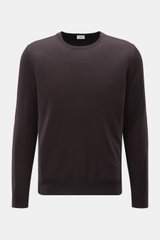 von Braun Merino Rundhalspullover dunkelbraun, Slim Fit, aus reiner Merinowolle mit feinem Strickbild, Rundhalsausschnitt, elastischen Rippbündchen, frontal fotografiert.