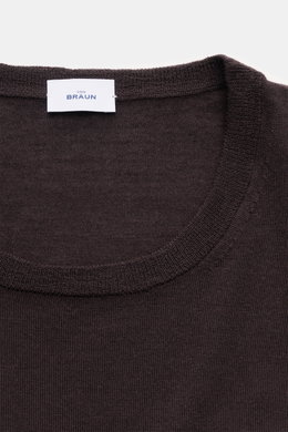 von Braun Merino Rundhalspullover dunkelbraun, Slim Fit, feiner Feinstrick, Rundhalsausschnitt, elastische Rippbündchen, Detailansicht von oben