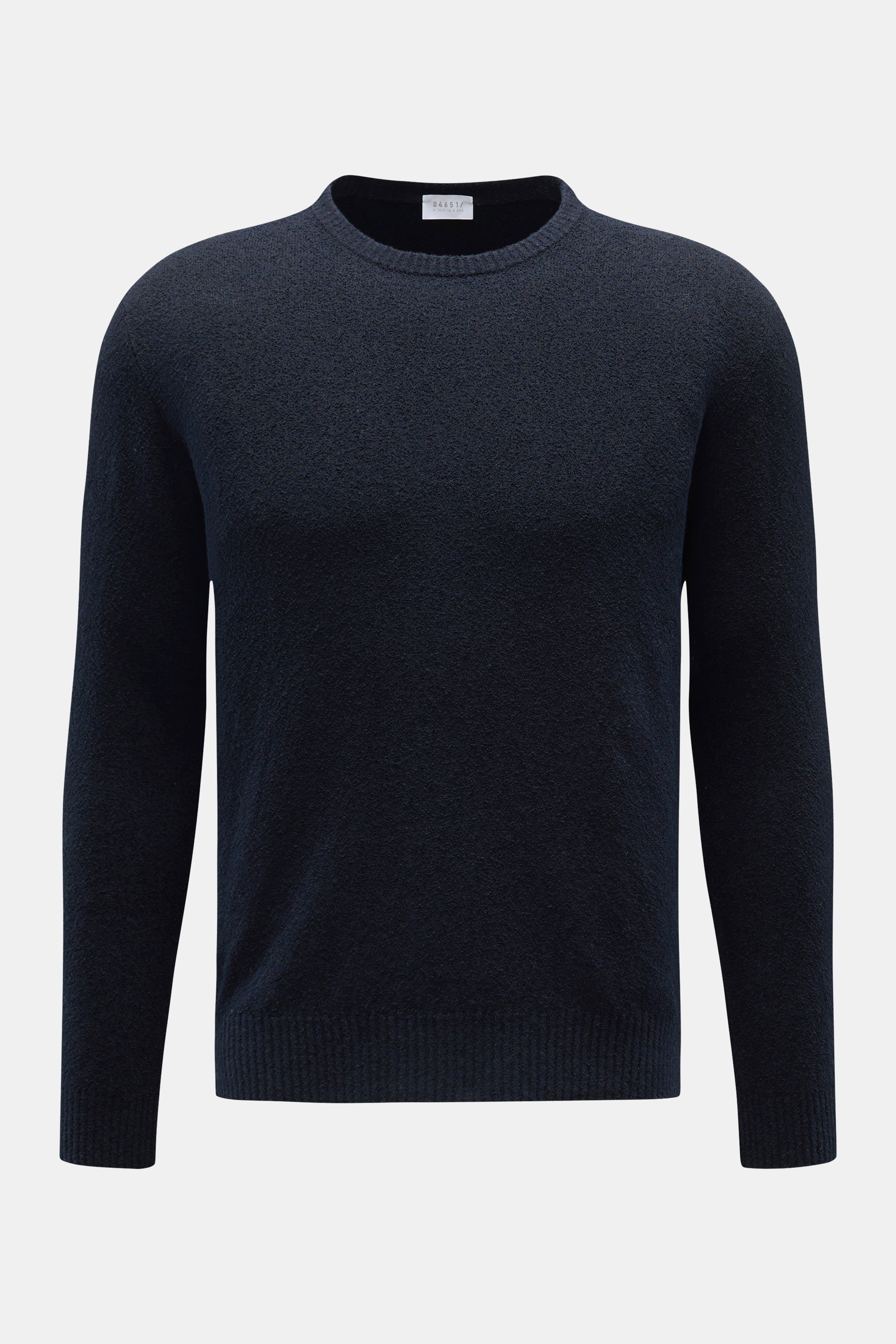 04651/ A trip in a bag Rundhalspullover 'Knit Terry Crew' navy, frontal fotografiert, Slim Fit, feine Bouclé-Struktur aus Baumwolle und Microfaser, Rundhalsausschnitt, flexible Rippbündchen.