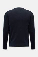 Back view of 04651/ A trip in a bag Rundhalspullover 'Knit Terry Crew' navy, showing slim fit, fine bouclé knit texture in cotton-microfiber blend with flexible ribbed cuffs and round neckline. Markante Frottee-Optik: Der feine Bouclé-Strick aus elastisch