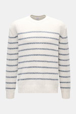 Frontansicht des 04651/ A trip in a bag Rundhalspullover 'Mouline Striped' offwhite/navy gestreift mit klassischem Streifenmuster, grobem Strickbild, Rundhalsausschnitt und komfortablen Rippbündchen aus reiner Baumwolle im Oversized Fit für lässige Überga